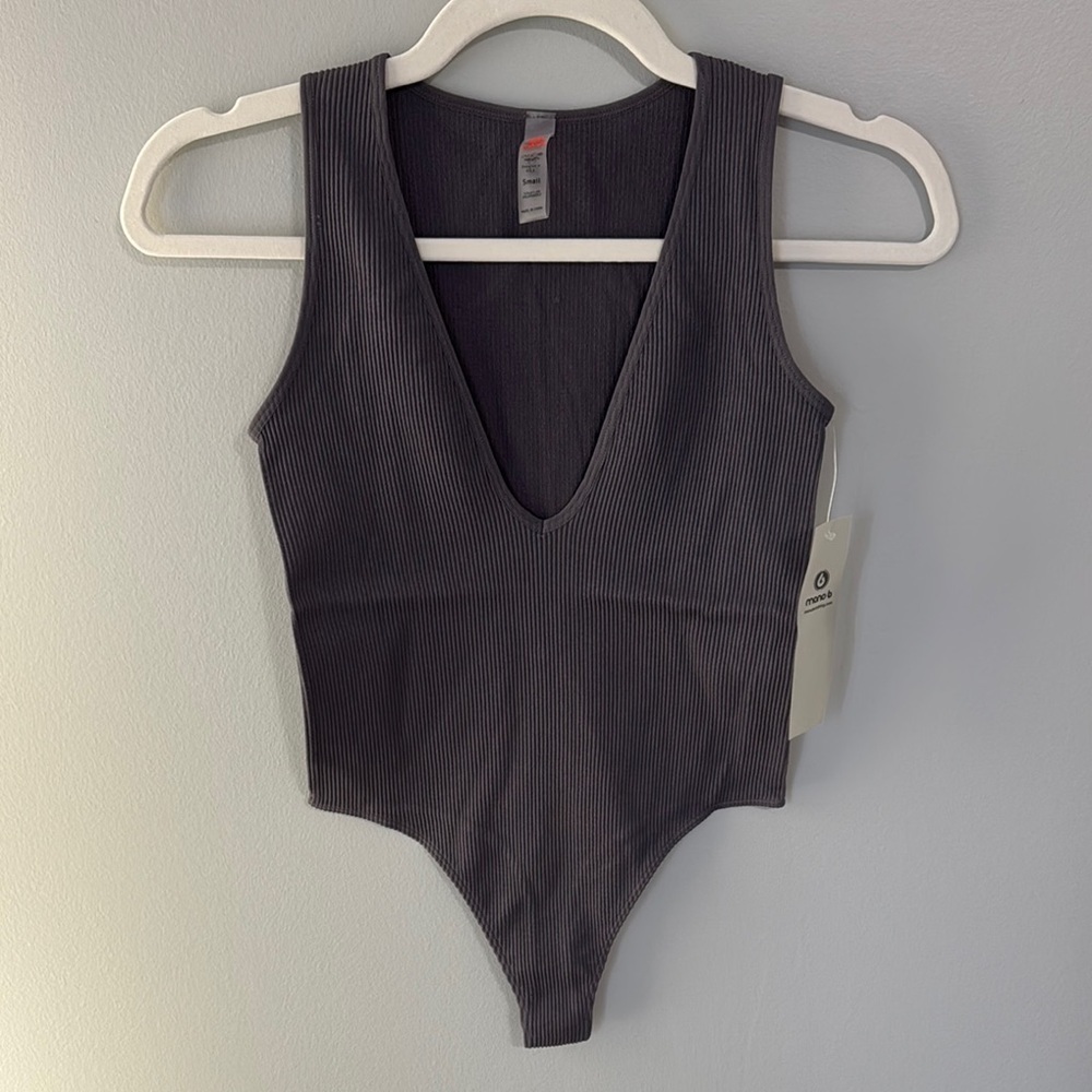 NWT Mono B Women's Gray Ripped V-Neck Thong Bodysuit